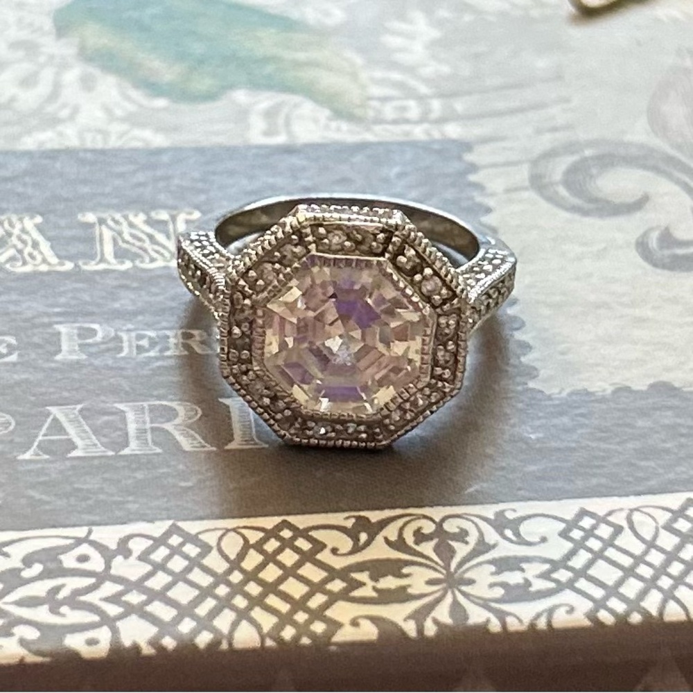Sterling Silver Ring with HUGE center cushion CZ halo and shank